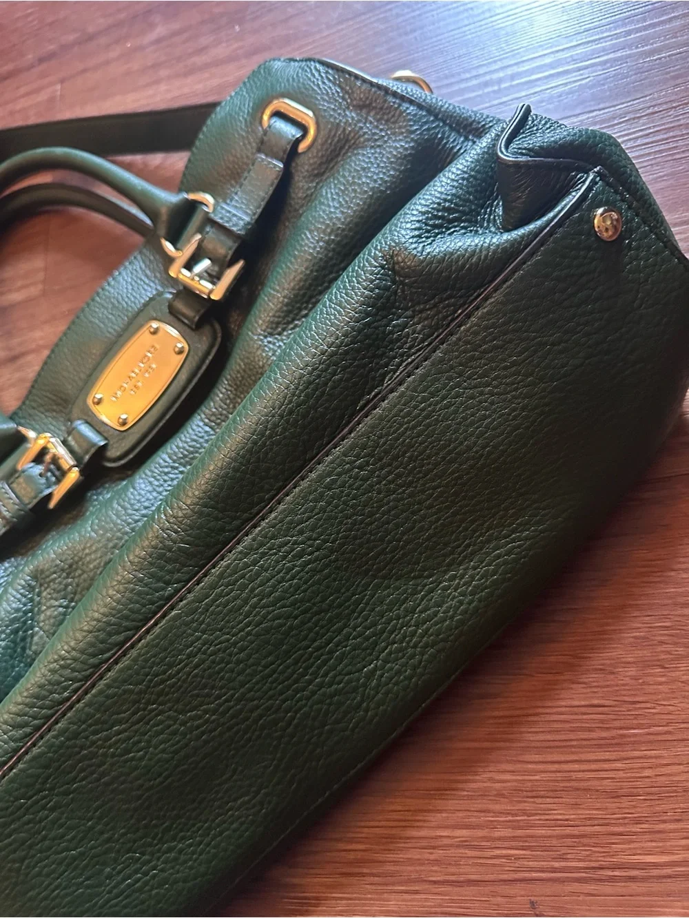 Michael Kors Dark Green Pebbled Leather Hamilton Bag Satchel with Gold Hardware